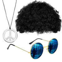 Fun Costume Set Funky Afro Wig Sunglasses Necklace 50s/60s/70s Themed Party Afro Wig Sunglasses Disco Necklace