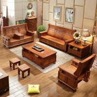 新中式實木沙發茶幾組合 客廳冬夏兩用123香樟木仿古雕花儲物沙發