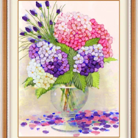 Needlework,Chinese DIY Ribbon Cross stitch Set for ribbon Embroidery kit, favor vase flower Cross-Stitch painting wall decor