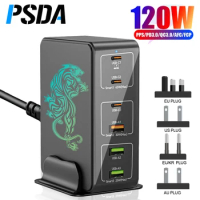 PSDA 3D 120W USB Charger 6 Ports Desktop Charging Phone Charger For iPhone 15 Pro Max Samsung 65W Fast Charger For Laptop Tablet