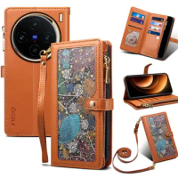 Flower Pattern Leather Flip Case For Vivo X100 Pro X100pro Ultra Wallet Card Slot Holder Mobile Phone Cover With Free Rope Cases