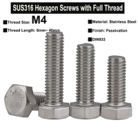 20Pcs/10Pcs M4 SUS316 Stainless Steel Hexagon Head Screws with Super Long Full Thread DIN933 Thread Length 6mm~40mm