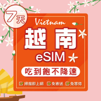【環亞電訊】eSIM越南07天（原生網路）吃到飽不降速(eSIM 24H自動發貨 免等待免換卡 吃到飽 越南 越南網卡)