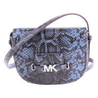 【Michael Kors】金牌MK 蛇紋皮革斜背馬鞍包小款(黑x藍)