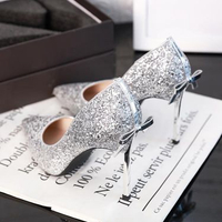 新款性感銀色婚鞋女水晶鞋成人禮法式少女高跟鞋禮服細跟單鞋 雙十一購物節