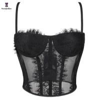 Size S M L XL XXL XXXL 9 Glue Boned See Through Mesh Net Corselet Lace Up Bra Bustier Corset Top With G String