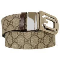 GUCCI- 金屬大銀G 防刮LOGO男皮帶(卡其)90cm/36