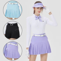 Blktee Autumn Pleated Slim Golf Skirt Women Elastic High-waist Culottes with Inner Short Ladies Leisure Side Pocket Skort S-XL