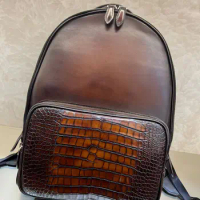 Seetoo 2023 New Alligator Skin Business Casual Backpack Calfskin Leather Bag Men's Backpack Sports Computer Case 41*32*11cm