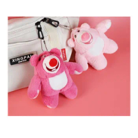MINISO Cute Strawberry Bear Plush Toy Kawaii Cartoon Plush Stuffed Doll Pink Bear Toy Backpack Pendant Keychain Birthday Gift