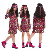 Girl 60s 70s Hippie Disco Costume Fancy Dress Kid's Flower Colorful Party Costume for Party Cosplay Children Headband With Dress