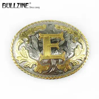 The Bullzine western flower with letter "E" belt buckle with silver and gold finish FP-03702-E for 4cm width snap on belt