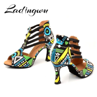 Ladingwu Brand Latin Dance Shoes Ladies Dance Boots Elastic band adjustment Ballroom Dance Shoes Blue African texture Shoes