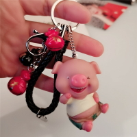 新年錢袋鈴鐺小豬鑰匙扣掛件 女可愛豬豬公仔編織鑰匙鏈圈
