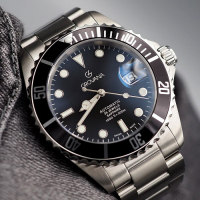 GROVANA瑞士錶 300米自動機械潛水錶(1571.2137)-黑面x黑色錶圈x不鏽鋼鍊帶/42mm