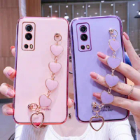 Wrist Bracelet Phone Case For Vivo Y72 Case Luxury Love Heart Chain Plating Cover Capa Vivo Y72 5G Y30 Y97 Silicone Shockproof