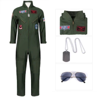 Kids Adults Top Gun Cosplay Bodysuit American Airforce Uniform Halloween Costume Army Green Military Pilot Jumpsuit With Glasses