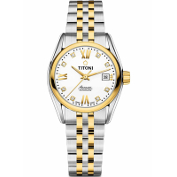 TITONI 梅花錶 官方授權 空中霸王系列 白色面金框鋼帶機械腕錶-女錶-(23909 SY-063)27mm