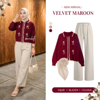 Velvet Maroon One Set Korean Style Cardigan Rajut Celana Kulot Loose Pant Free Hijab Segiempat Setel
