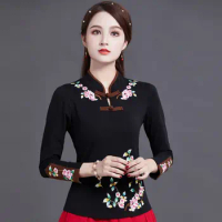 Cheongsam Women's Stand Collar Hanfu Tops 2024 Autumn Cotton Blend Embroidery Splicing Chinese Style Tang Costume Shirts Woman