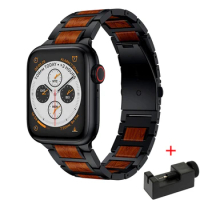 Wooden Red Sandalwood strap for Apple watch Ultra 9 8 7 band 49mm 45mm 41mm iWatch 6 5 4 44mm 40mm Stainless Steel Link Bracelet