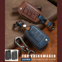 1Pcs Top Layer Cowhide Leather Car Remote Flip Key Case Cover Key Bag Holder With Keychain For Volkswagen Golf 7 Mk7