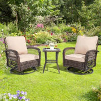 3 Pieces Outdoor Swivel Chairs Set of 2 and Side Table, Wicker Outdoor Rocking Chairs Swivel Patio Chairs Set for Backyard