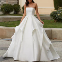 Off-Shoulder Sleeveless Ruff Satin Evening Gowns A-line Backless And Buttons Custom Made Bridal Gowns