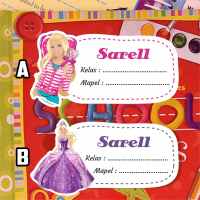 Stiker nama sampul buku Tulis Tema Barbie, Ariel, Princess, Rapunzel