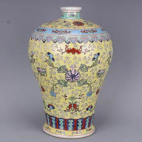 Yellow Antique Chinese Famille Rose Porcelain Vase Urn Ceramic Vase Tall Flower Floral Branch Narrow Neck Vase Museum Court