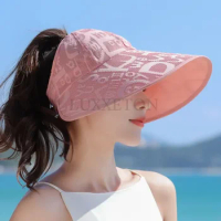 Printed Printing Sun Hat Black Hollow Cap Travel Decoration Sun Hat Outdoor Beach Hat Big Visor Summer UV Protection
