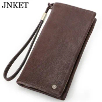 JNKET RFID Men's Cow Leather Wallet Long Zipper Clutch Wallet Money Clip Card Holder Wallet