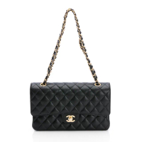 【CHANEL 香奈兒】Classic Flap bag Medium粒面/中型菱格/金黑雙色鏈帶-25cm(黑)