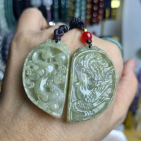 SEPASANG LIONTIN Dragon & Phoenix, Giok Burma Asli ber-Sertifikat