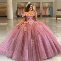 ANGELSBRIDEP Glitter Mexican Princess Quinceanera Dress Ball Gown Bead Appliques Tulle Vestidos De Birthday Party Gowns