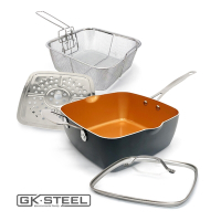 美國GK Steel 鈦金陶瓷多功能不沾鍋具4件組(方型鍋+鍋蓋+蒸盤+炸籃)