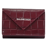 BALENCIAGA 巴黎世家  Papier 燙銀LOGO鱷魚壓紋釦式三折信封小短夾(酒紅)
