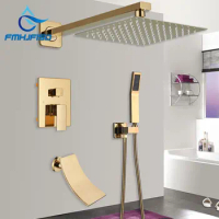 Brass Bath Shower Set System Wall Mounted Gold Shower Kit Rainfall Shower Head Valve Mixer Tap Brass Hand Shower Square Head