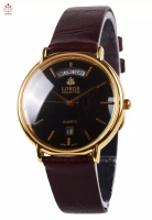 Lobor Lobor Dress Watch - Jam Tangan Analog Pria - Gold Case Black Dial Brown Leather Strap - D2703-