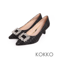KOKKO高級小香風方形鑲鑽飾釦毛呢高跟鞋黑色