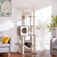 Wooden cat tree, 66.1 "modern cat tower with scraping columns, hammock, cat apartment with fur ball toys