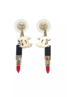 Chanel 二手香奈兒鍍金樹脂鑲鑽CC唇膏吊墜式背環耳環