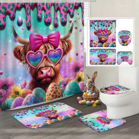 Lofaris 4pcs Shower Curtain Set with Non-Slip Rugs Cute Highland Cow and Bunny Easter Design Include