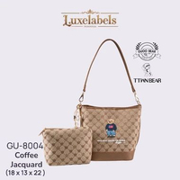 GUOO Bear Tas Bucket Selempang Wanita Motif Beruang Awet Elegan Coffee Jacquard