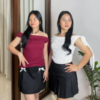 KALVERA Belle Ribbon Knit Top - Atasan Knit Wanita Off Shoulder dengan Detail Pita Elegan