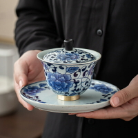 青花瓷蓋碗單個不燙手日式仿古功夫茶蓋碗景德鎮高腳三才蓋碗茶杯