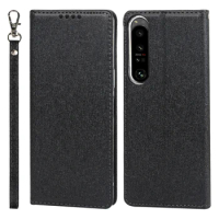 Silk Style Shine Pu Leather Case for Sony Xperia 1 IV Flip Case Magnetic Adsorption Frosted Touch Phone Cover + 1 Lanyard