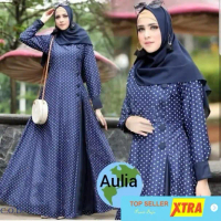 Baju Muslim Aulia Nevi RO Ghamis Wanita katun navy Kekinian@@ Fit Gamis Pashmina Dress