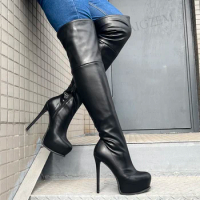 LAIGZEM Women Over Knee Platform Boots Side Zip Stiletto High Heels Boots Faux Leather Ladies Shoes Woman Plus Size 42 46 48 52