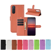 100pcs/lot Lichi wallet PU Leather stand+TPU Cover Case with card slot For Sony Xperia 5 II